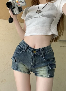 Kadın Retro Mavi Ultra Kısa Kot Şort Yaz Yeni Şık Kargo Sıcak Pantolon Genç Kız Yüksek Belli Düz Tüp Mini Kot