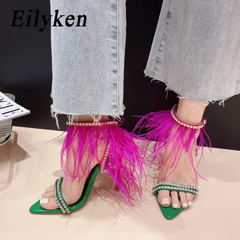 Eilyken Yaz Taklidi Moda Tüy Kadın Sandalet Toka Askı Seksi Sivri Burnu açık Bayanlar Ince Topuklu Ayakkabılar