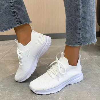 Yaz Beyaz Örgü Nefes Sneakers Dantel-up Spor Rahat düz ayakkabı Kadınlar İçin Kayma 2023 Yeni Moda Açık Havada yürüyüş ayakkabısı