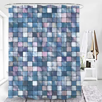 Mozaik Duş Perdesi, Modern Mozaik Geometrik Dikişsiz Fayans Tasarım Patchwork Sanat Polyester Kumaş Su Geçirmez Duş Perdesi