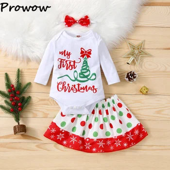 Prowow 0-12M Benim İlk Noel Bebek Kıyafetleri Kız Mektup Bodysuit+Polka Dot Kar Tanesi Etek Yeni Yıl Kostüm Yenidoğan İçin