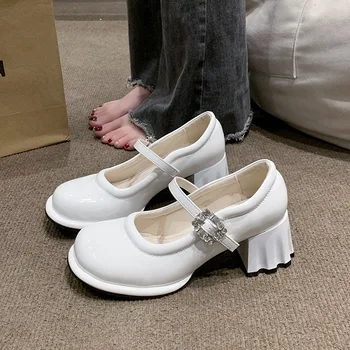 İngiliz Tasarım Mary Jane kadın Tekler 2023 Yaz Yeni Yuvarlak Ayak Kalın Topuk Yüksek Topuk Küçük deri ayakkabı Zapatos Mujer Ayakkabı