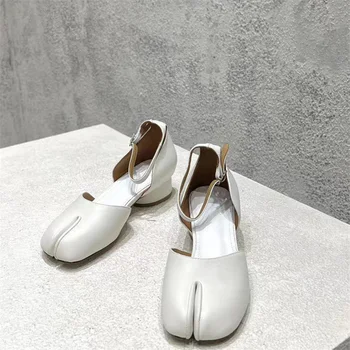 Mary Janes Ayak Bileği Kayışı Ayakkabı Marka Kadın Bölünmüş Ayak Rahat Dans Flats Moda Bayanlar Düşük Topuklu Açık Elbise Deri Ayakkabı