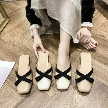 Yazlık terlik Kadın Bayan Ayakkabıları Kare Ayak Terlik Dışında Kadın Slaytlar Kelebek-düğüm rahat ayakkabı 2023 Düz Renk Pantuflas