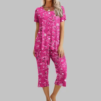 Kadınlar İçin pijama Seti Kısa Kollu Capri Pijama Bayanlar Yumuşak Rahat Yaz Pijama Seti Cepler İle Pantolon Takım Elbise