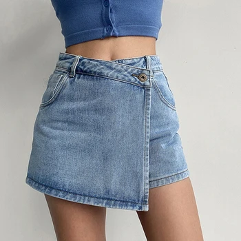 Rimocy Moda A-Line Kot Şort Kadınlar için 2023 Yaz Yüksek Bel Etek Pantolon Kadın İnce Streetwear Kot Mavi Şort Kadın