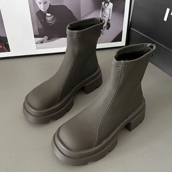 2024 Yeni Platform Kadın yarım çizmeler Yüksek Kaliteli Yumuşak Deri Sonbahar Kış Bayanlar Kalın Taban Ayakkabı Kadın Botas De Mujer1