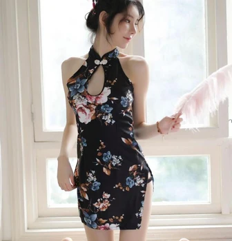 Seksi Bölünmüş Mini Qipao Erotik Siyah Geleneksel Çin Standı Yaka Çiçek Baskı Cheongsam Iç Çamaşırı Elbise Gece Kulübü Parti Elbise