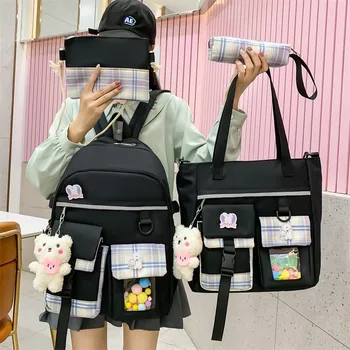 4 İn 1 Japon Kadın Sırt Çantası Kontrast Renk okul çantası Kızlar İçin Çoklu Cepler Depolama Sırt Çantaları Büyük Kapasiteli Seyahat Çantaları