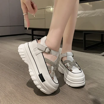 Kadınlar 8.5 CM Deri platform sandaletler Kama Hollow Kadın Beyaz Katır Ayakkabı Rahat Tıknaz Ayakkabı Kadın Yaz Bling Terlik