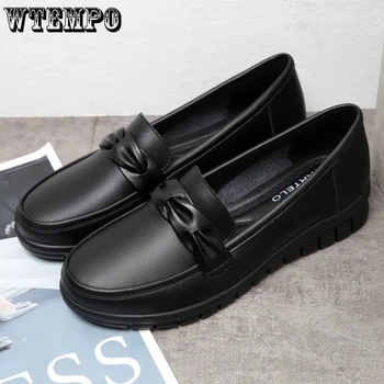 Düşük Topuk Loafer'lar Siyah PU deri ayakkabı Yuvarlak Ayak Sığ Slip-on kadın Bot Ayakkabı Rahat iş ayakkabısı Retro İngiliz Tarzı