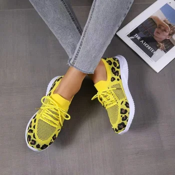 2023 İlkbahar ve Yaz Yeni Moda Leopar Baskı Örgü Nefes vulkanize ayakkabı kadın Rahat Çapraz Dantel Açık spor ayakkabı
