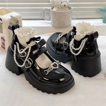 Kadın Punk Platformu Pompaları 2023 Yeni Metal Zincir Mary Jane Lolita Ayakkabı Kadın Japon Patent Deri Yüksek Topuklu Gotik Ayakkabı