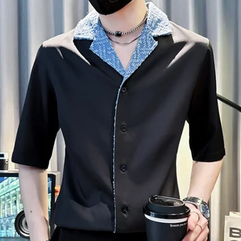 Kontrast Panelli Takım Elbise Yaka erkek gömleği İnce İş Rahat Camisa Masculina Streetwear Sosyal Parti Şarkıcı Giyim
