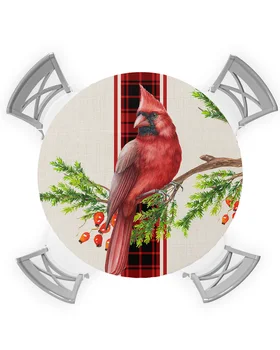 Noel Kırmızı Ekose Kardinal Kuş Yuvarlak masa örtüsü Su Geçirmez Mutfak Masa Örtüsü Noel masa süsü Elastik Masa Örtüsü