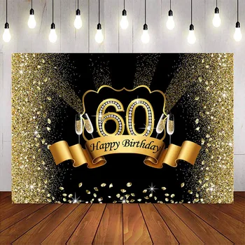 60th altın glitter mutlu doğum günü tema parti arka plan Şampanya altın elmas doğum günü backdrop özel