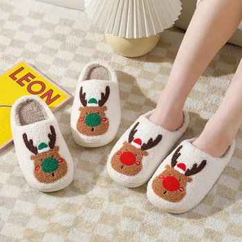 Kadın Kış Kabarık Kürk Terlik Peluş Polar Düz Noel Elk pamuk terlikler ev terliği Çift Karikatür pamuklu ayakkabılar