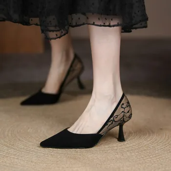 Afrikalı Kadın Ayakkabı 2023 Sığ Ağız 3cm Topuklu Seksi Pompa Üzerinde Kayma Sivri Kama Dantel-Up Bordo Kadife Son 5cm Güzel Elbise Co