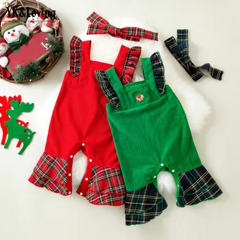 Noel Toddler Bebek Kız Romper Kolsuz Ekose Baskı Ruffles Askı Tulum + Bantlar Çocuklar Kıyafetler Noel Kız Giysileri