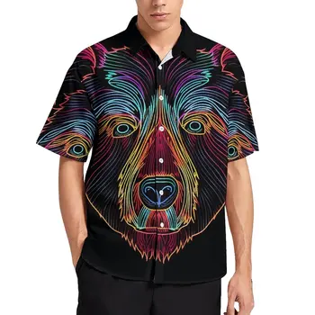 Ayı Rahat Gömlek Hat Sanatı Neon Plaj Gevşek Gömlek Hawaiian Y2K Bluzlar Kısa Kollu Özel Büyük Boy Giyim