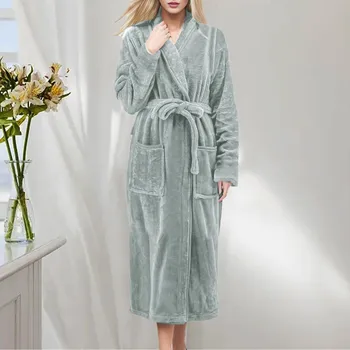 Sonbahar Yeni Peluş Kimono Bornoz Bornoz Kadın Kış Sıcak Hafif Yumuşak Uzun Gecelik Elbiseler Kadın Rahat Ev Sabahlık