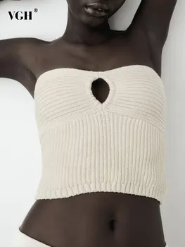 VGH katı örgü yelek kadınlar için slash boyun kapalı omuz kolsuz hollow out seksi backless mahsul tops kadın giyim 2023 yeni