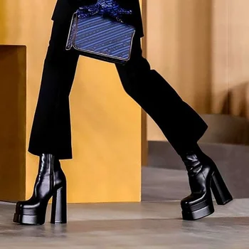 Yeni Sonbahar kadın yarım çizmeler Kadın Seksi Pu Yüksek Topuklu platform ayakkabılar Katı Kalın Alt Bayanlar Fermuar Moda kısa çizme 2022