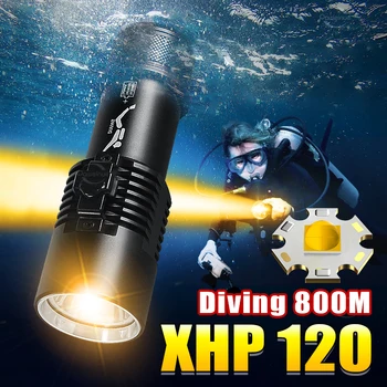 Dalış El Feneri Güçlü XHP120 LED el feneri Sarı Lamba Dalış Meşale Su Geçirmez Sualtı Aydınlatma 800m Kamp Lanterna