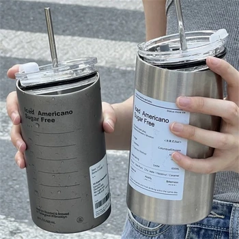 304 Paslanmaz Çelik Kahve Fincanı Termos Çift Katmanlı Soğutucu Saman Bardak Taşınabilir Kullanımlık Buzlu Amerikan Su Şişesi