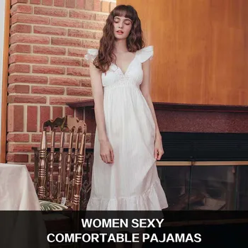 Yaz Derin V Boyun Ev Elbise Lolita Elbise Beyaz Dantel Kolsuz Prenses Sleepshirts Vintage Nightgowns Sevimli Pijama Loungwear