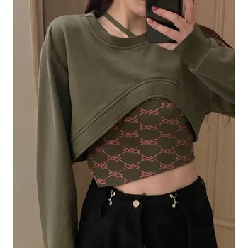 Kadın Gotik Tişörtü Moda Y2k Harajuku Kazaklar Kore Boy Kırpma Üstleri Bayan Grunge Elbise 2 Adet Streetwear