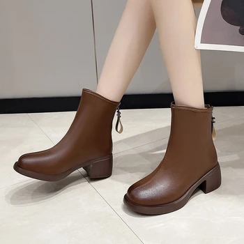 Kadın ayakkabısı Satılık 2023 Marka Ayak Bileği kadın Botları Sıcak Satış Modern Çizmeler Kadın Dikiş Zip Yuvarlak Ayak Kare Topuk Ayakkabı Kadın