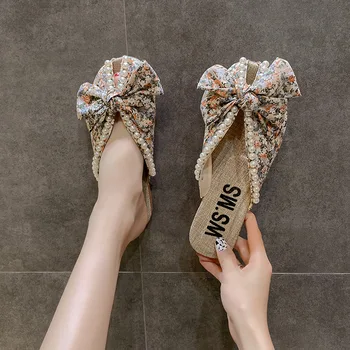 Dış giyim Lüks Tasarımcı Ins Yay Kadın Ayakkabı Terlik Bayanlar Düz Sandalet Tuval Yuvarlak Ayak Topuklu Kadınlar için 2023