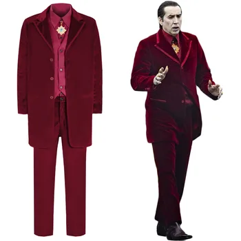 Film Renfield Vampir Dracula Cosplay Kostüm Cadılar Bayramı Yetişkin Erkekler Kırmızı Kadife Takım Elbise Karnaval Parti Kıyafet