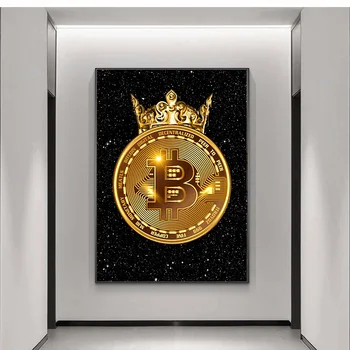 Altın Bitcoin Taç duvar sanatı tuval yağlıboya Resimleri Inspirationnal Posteri Baskılar Ev Dekorasyon Yatak Odası Oturma Odası Dekor