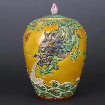 Çin Famille Gül Porselen Kavanoz Qing Qianlong Kabartma Ejderha Tasarım Pot 8.9