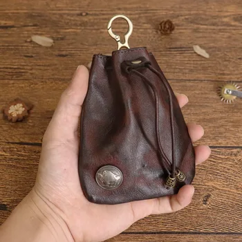 Basit üst katman inek derisi sebze tabaklanmış deri retro kadın poşet mini anahtar çantası kart çantası sıfır cüzdan saklama çantası