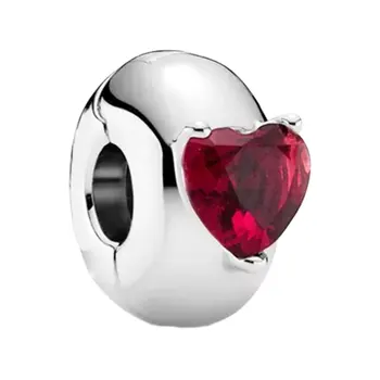 Kalp Kırmızı Solitaire Kristal LOGO Klip göz alıcı boncuk Kadınlar İçin 925 Ayar Gümüş Takı Yapımı diy bilezik sevgililer Günü Hediyesi