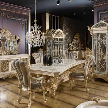 Özel Fransız mahkemesi katı ahşap yemek masaları ve sandalyeler günlük oyma sanatı Avrupa lüks barok restoran mobilyaları