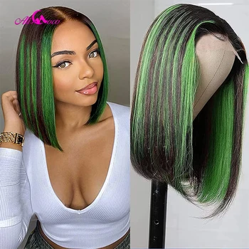 180 Yoğunluk Vurgulamak Yeşil Düz Bob Peruk 13x4 sırma ön peruk Siyah Kadınlar Için Brezilyalı Remy Saç Renkli Kısa Bob Peruk