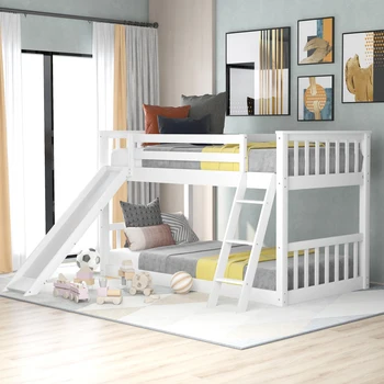 Dönüştürülebilir Kaydıraklı ve Merdivenli,Sağlam ve uzun ömürlü,Çocuk Yatak Odası için Rahat, Sade, Modern İkiz Yataklı Ranza