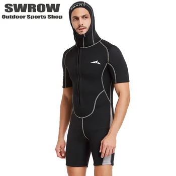 3MM Neopren dalgıç kıyafeti erkek Kısa Kollu Kapşonlu Yüzme Ön Fermuar sörf kıyafeti Sualtı Avcılık Sıcak Tüplü dalgıç kıyafeti