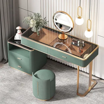Lüks Temperli Cam Şifoniyer İskandinav yatak odası mobilyası led ışık Ayna şeffaf tuvalet masası katı ahşap Çekmece Dresser L