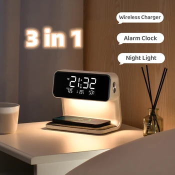 Yaratıcı 3 İn 1 Başucu Lambası Kablosuz Şarj LCD Ekran çalar saat kablosuz telefon iphone şarj cihazı