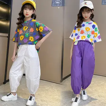Kızlar için yaz Giysileri Set Gençler Kız Çiçek Baskı T Shirt Tops+Pantolon 2 Adet Rahat Çocuk Giyim Takım Elbise 6 7 8 10 11 12 13 Yıl