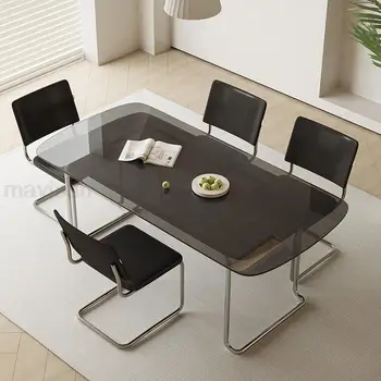 Modern Minimalist Yemek odası takımları Dikdörtgen Temperli Cam Masa Üstü Siyah Paslanmaz yemek masası Mutfak Mesas Bahçe Mobilyaları