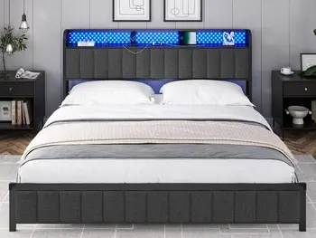 LED Işıklı Yatak Başlığı, Döşemeli Platform Gürültüsüz King Size Yatak Çerçevesi