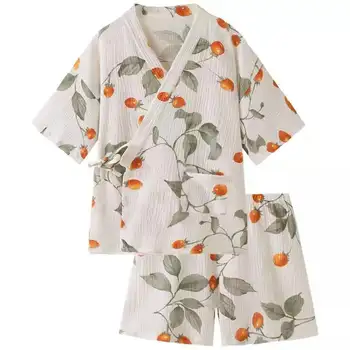 Kadın Kimono Pijama Seti 2023 Yeni Pamuk Krep Uzun Kollu Pantolon Bayanlar Pijama Takım Elbise Kadın Rahat Rahat Ev Giyim XL