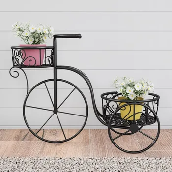 Üç Tekerlekli Bisiklet Bitki Standı-2 Katmanlı Kapalı veya Açık Vintage Ekran Saf Bahçe (Siyah)