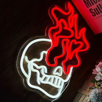 Kafatası Başkanı Neon Burcu Cadılar Bayramı İskelet Kafatası Yangın led ışık Burcu Kafatası Neon ışıkları duvar dekor İçin Anime İskelet Dekor LED Lamba